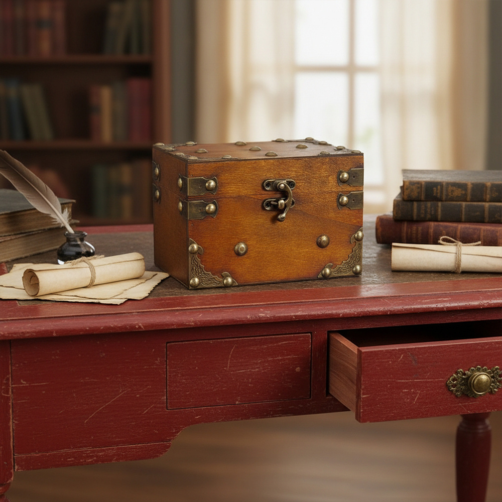Vintage Small Wooden Jewelry Box with Lock, Keepsake Gift